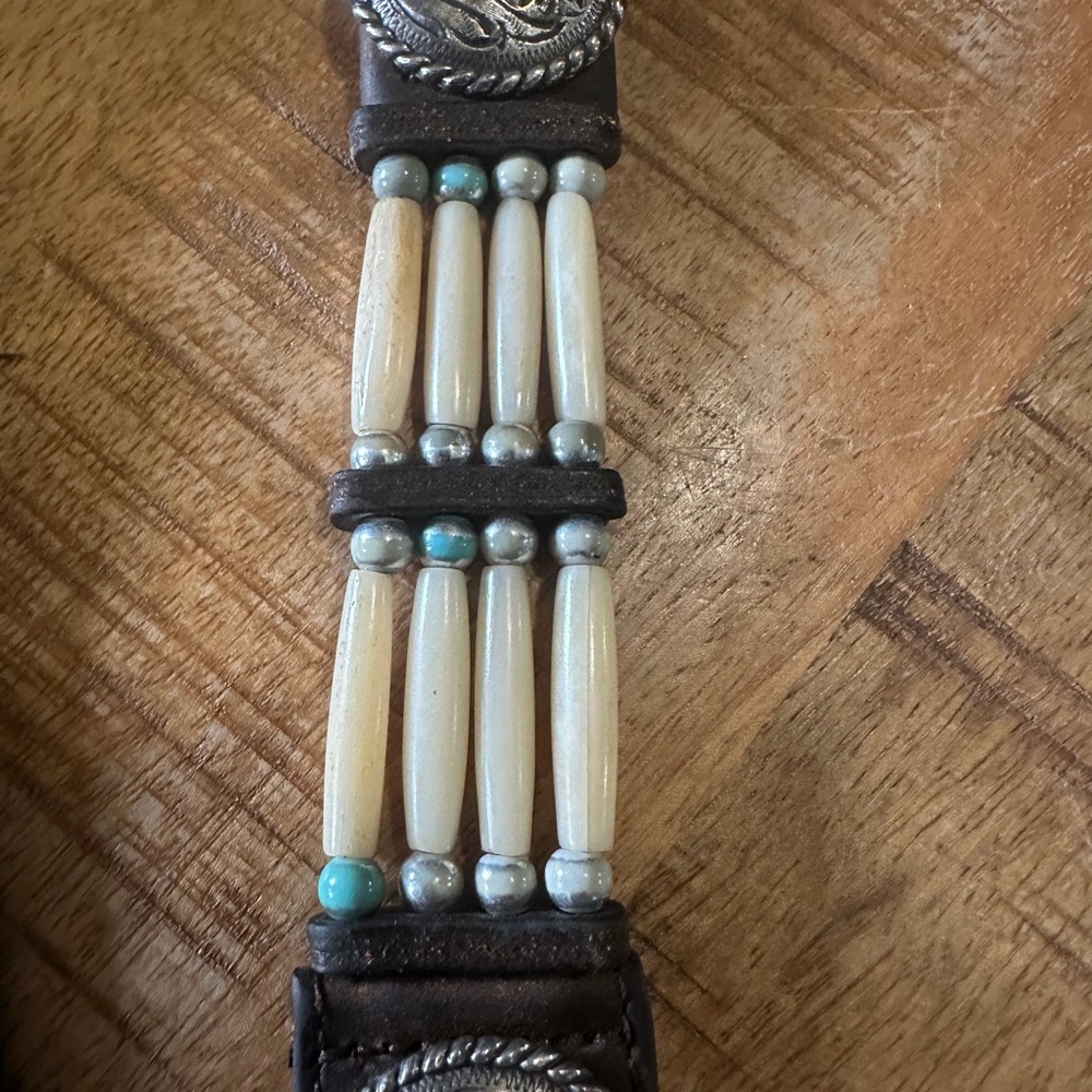 Vtg Tony Lama Leather Concho Bone Bead Western Brown Leather Womens Belt 28" - Picture 11 of 16